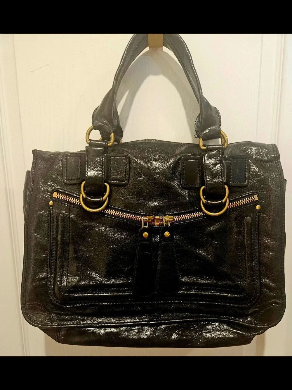 Classic Black Leather Satchel with Gold Hardware